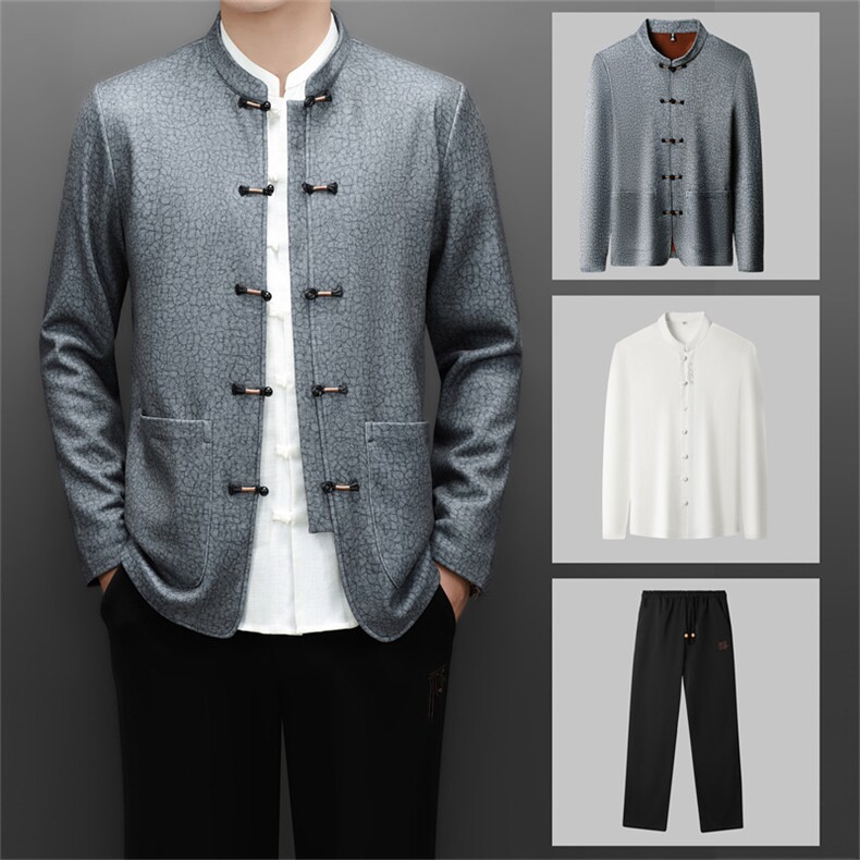 常货高货中老年山羊绒含加绒唐装三件套男士风唐装，男装民族服装，钱塘723
