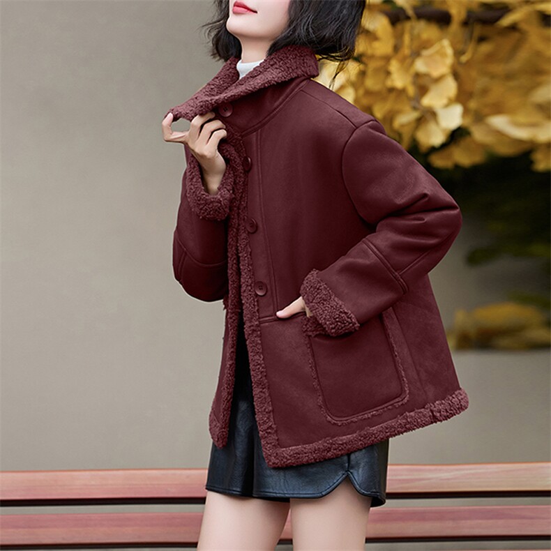 皮毛一体羊羔毛外套女短款2024新款秋冬季加绒机车服加厚皮夹克，女装羊羔毛/颗粒绒，美拉德工厂直营店