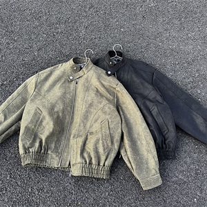 现货 蜡洗龟裂纹 两色高品质水洗做旧PU皮夹克W2509图片