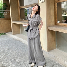 灰色设计感夏日穿搭套装女新款韩系休闲宽松高级感长裤两件套，女装套装/套裙，莘蕾