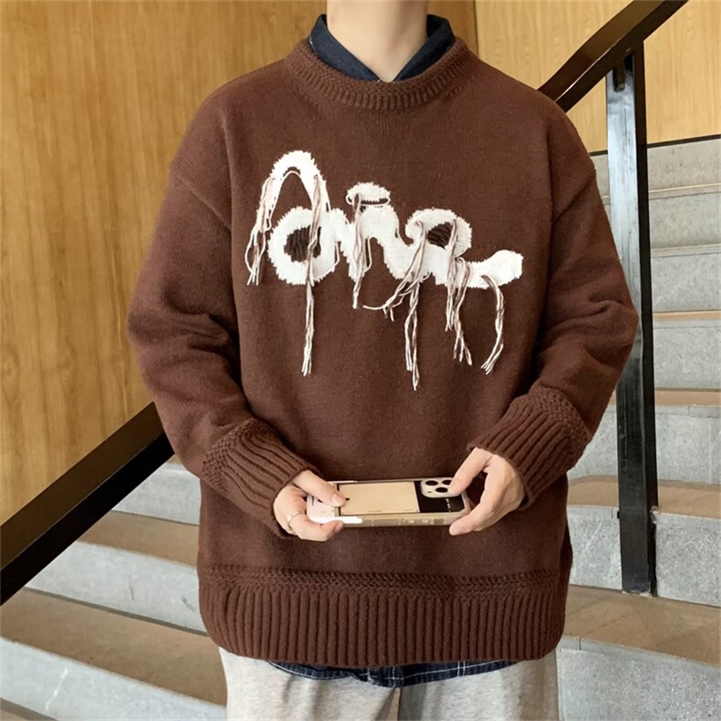 美式复古字母流苏毛衣男秋冬宽松针织衫oversize毛线衣M4331-P55,男装针织衫/毛衣,星座1008-2