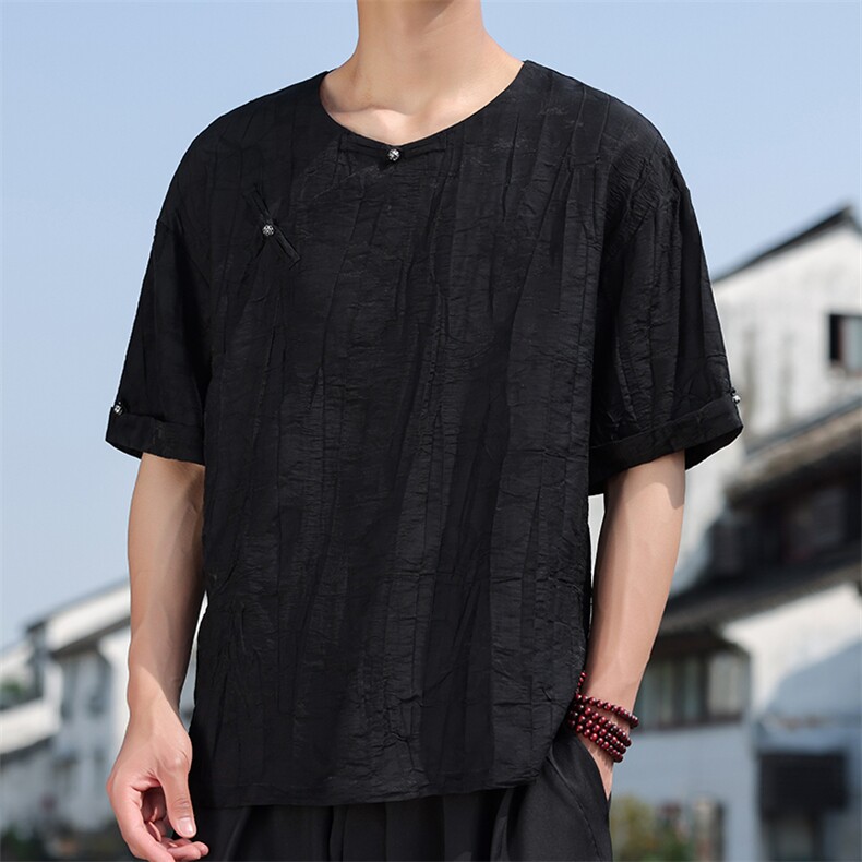 2025夏季新款风男上衣盘扣新中式唐装天丝竹叶衬衫 C131-P75图片