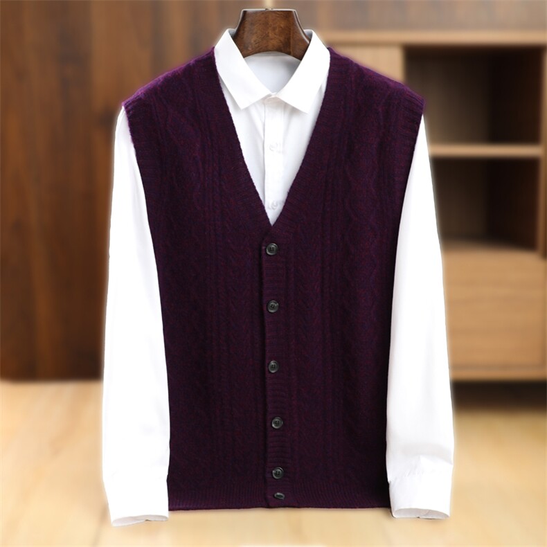2024年秋冬季澳洲羊毛V领绞花坎肩马甲，男装背心/马甲，忠诺羊绒