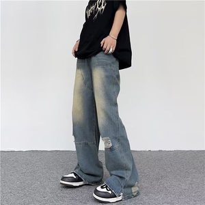 破洞牛仔裤男女水洗做旧直筒阔腿裤潮牌ins嘻哈hiphop长裤~Nk002图片