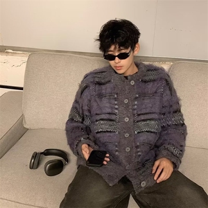 外套针织风百搭ins针织衫毛衣男开衫条纹毛衣慵懒复古美KM206-P55图片