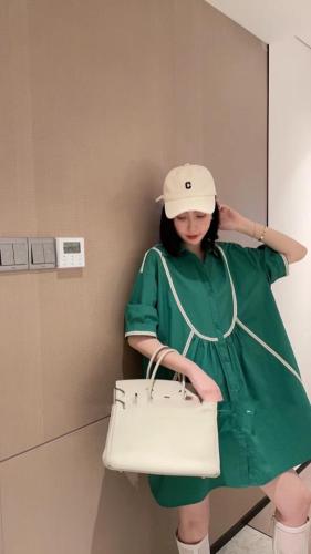 W890欧洲站2021夏季新款时尚袖拼边休闲衬衫连衣裙,女装衬衫,L·H·X
