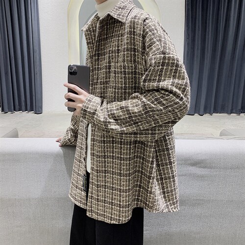 加厚毛呢衬衫男外套韩版宽松潮流帅气慵懒风秋冬格子衬衣DX125P60图片