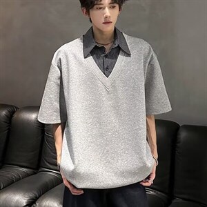 夏季拼接假两件短袖POLO衫男女潮牌宽松情侣休闲百搭T恤图片