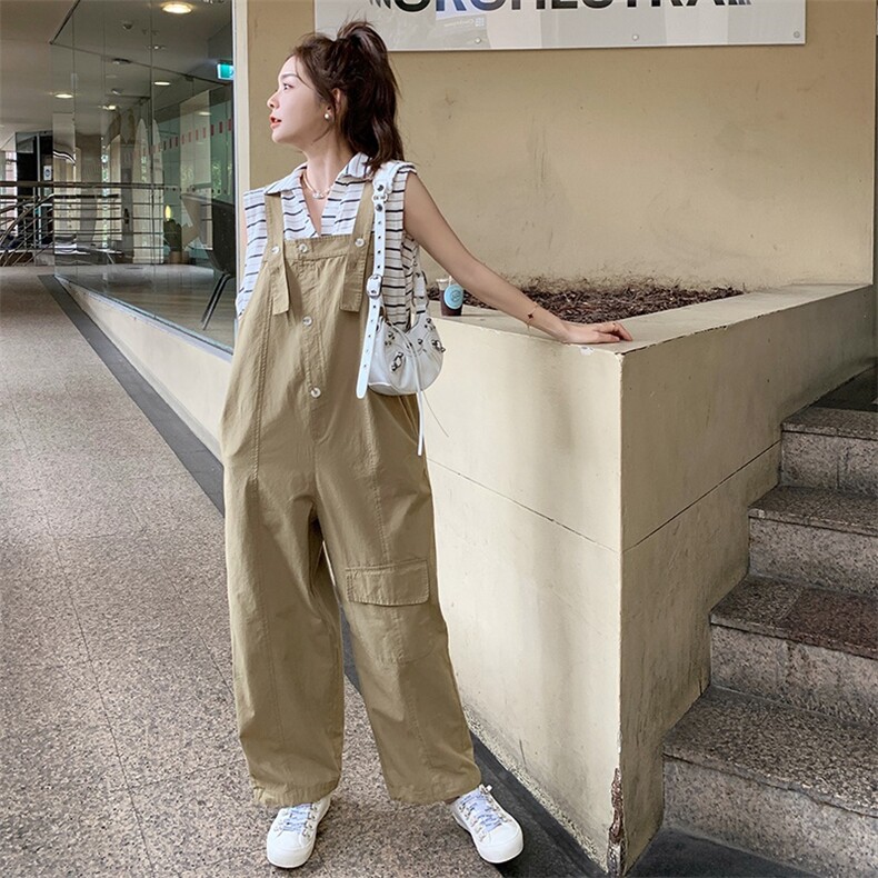 韩版学院风减龄工装背带裤女2025夏季新款法式宽松显瘦盐系阔腿裤,女装连体裤,辉之琳