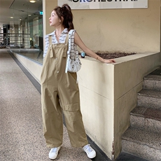 韩版学院风减龄工装背带裤女2025夏季新款法式宽松显瘦盐系阔腿裤，女装连体裤，辉之琳