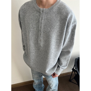 秋冬韩版简约金属钉扣设计亨利领毛衣男女保暖针织衫上衣 MY430图片