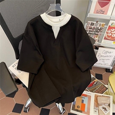 抖音得物高品质版本二开240克宽松纯棉美式高街痞帅假两件短袖T恤，男装T恤，电商A486-1