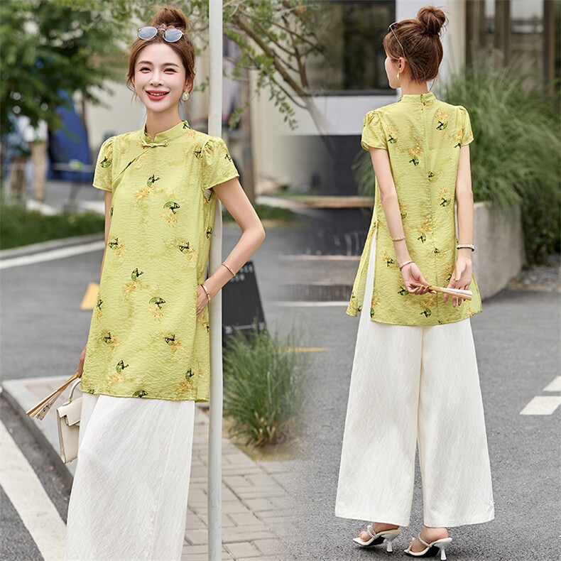 新中式设计旗袍上衣套装女2025夏季新款清冷感国风改良唐装两件套,女装套装/套裙,仟媚宠