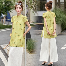 新中式设计旗袍上衣套装女2025夏季新款清冷感国风改良唐装两件套，女装套装/套裙，仟媚宠