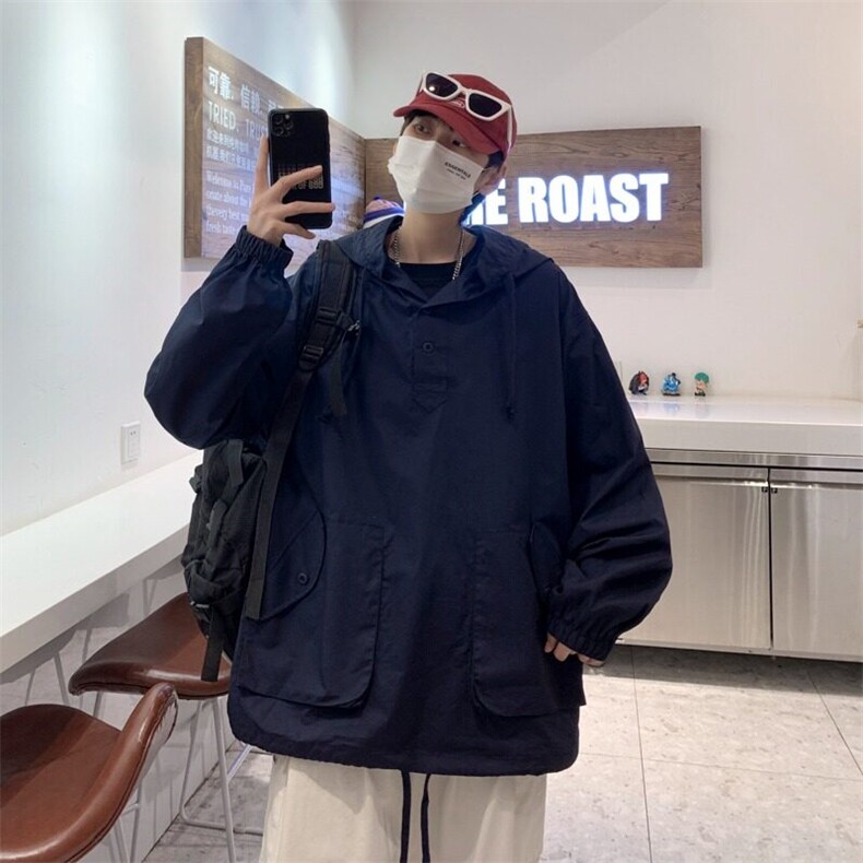 HY073-P38新款情侣连帽夹克男宽松套头休闲上衣百搭纯色工装外套,男装夹克,电商C233