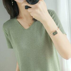 冰丝针织衫女短袖亮丝v领女薄款宽松打底衫时尚上衣2021夏季新款图片