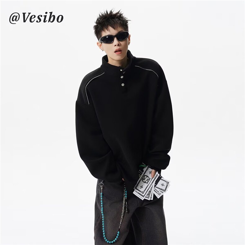 1506/QW0420/P44潮牌港风拼色长袖Polo衫男刺绣字母半拉链卫衣，男装Polo衫，星座1506