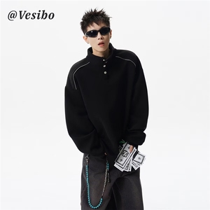 1506/QW0420/P44潮牌港风拼色长袖Polo衫男刺绣字母半拉链卫衣图片