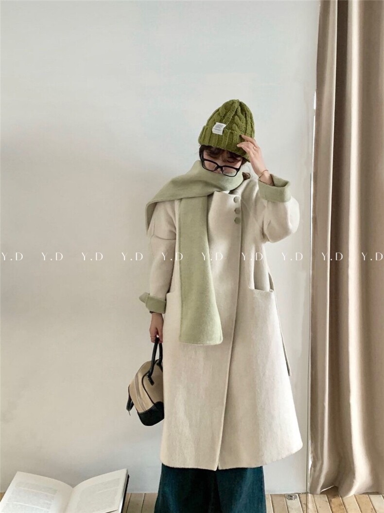 冬上新！【依嘟】AB面澳洲超细羊毛撞色配围巾长款羊毛外套(配，女装双面呢大衣，依嘟服饰