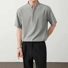 高品质夏款男套头冰丝短袖衬衫立领宽松短衬衣CS1400P35，男装衬衫，星座1013-1
