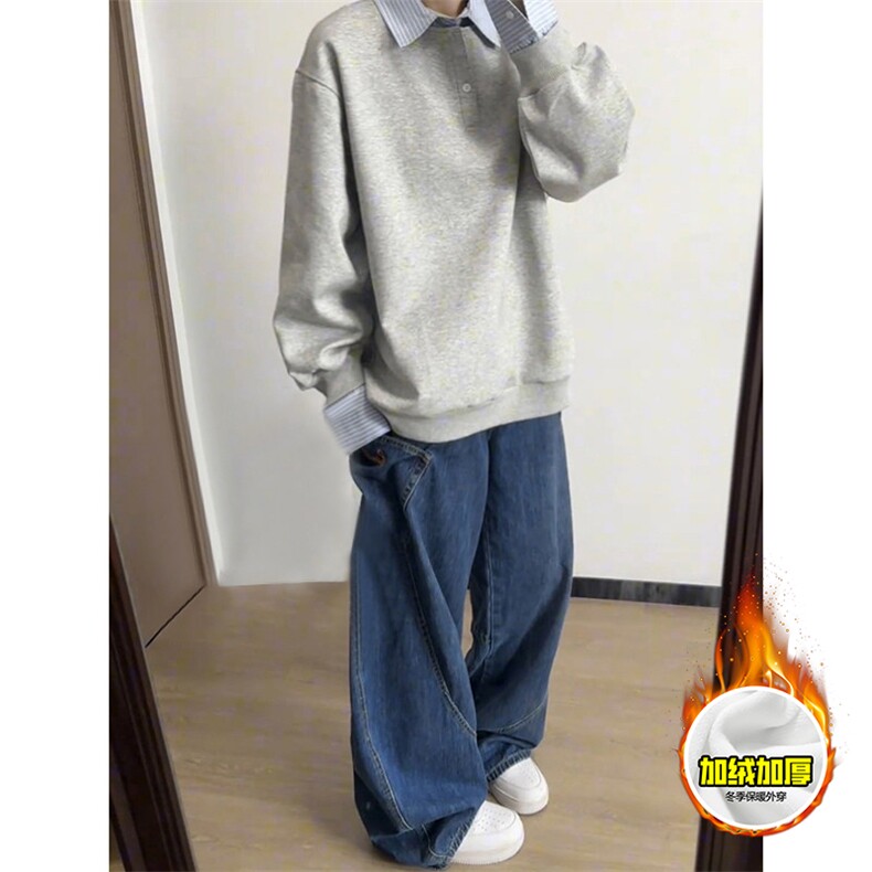 重磅加绒硬挺boxy男女美式高街假两件衬衫领长袖卫衣POLO领打底衫,男装T恤,电商A486-1