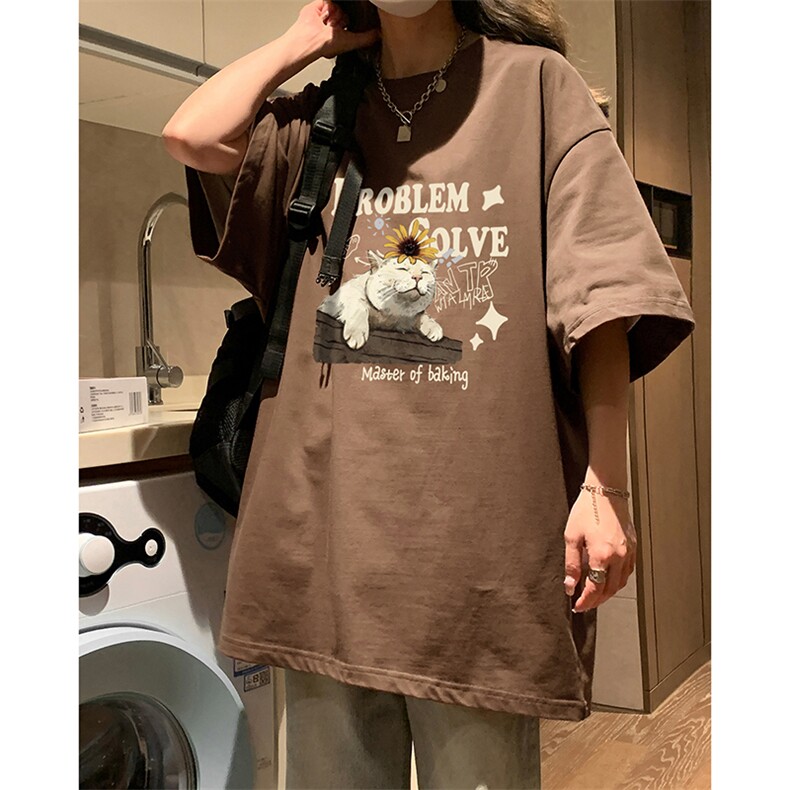 慵懒风小猫咪印花休闲宽松打底衫美式vibe纯棉短袖T恤HY574TP20,男装T恤,电商A102B