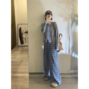 AK2430-P50 网红垂感格纹 女春秋韩版高腰显瘦百搭休闲拖地裤图片