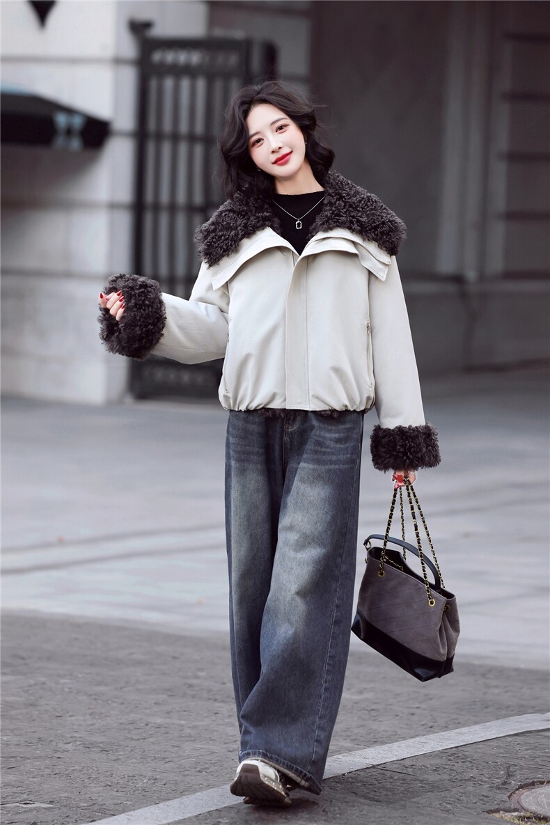 两面穿简约时尚毛一体保暖派克服外套2025冬装新款,女装派克服,鑫源服饰