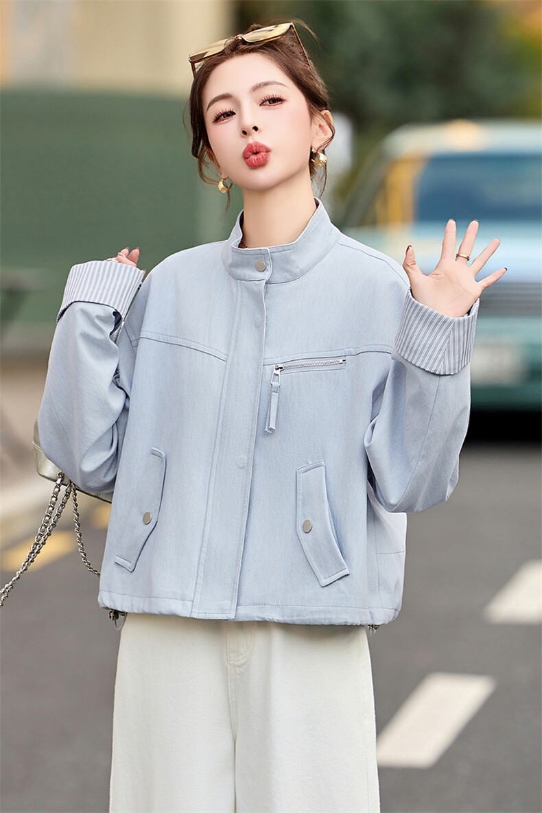 条纹袖口休闲短款蓝色外套女2026春秋新款小个子减龄百搭夹克上衣,女装短外套,美沁