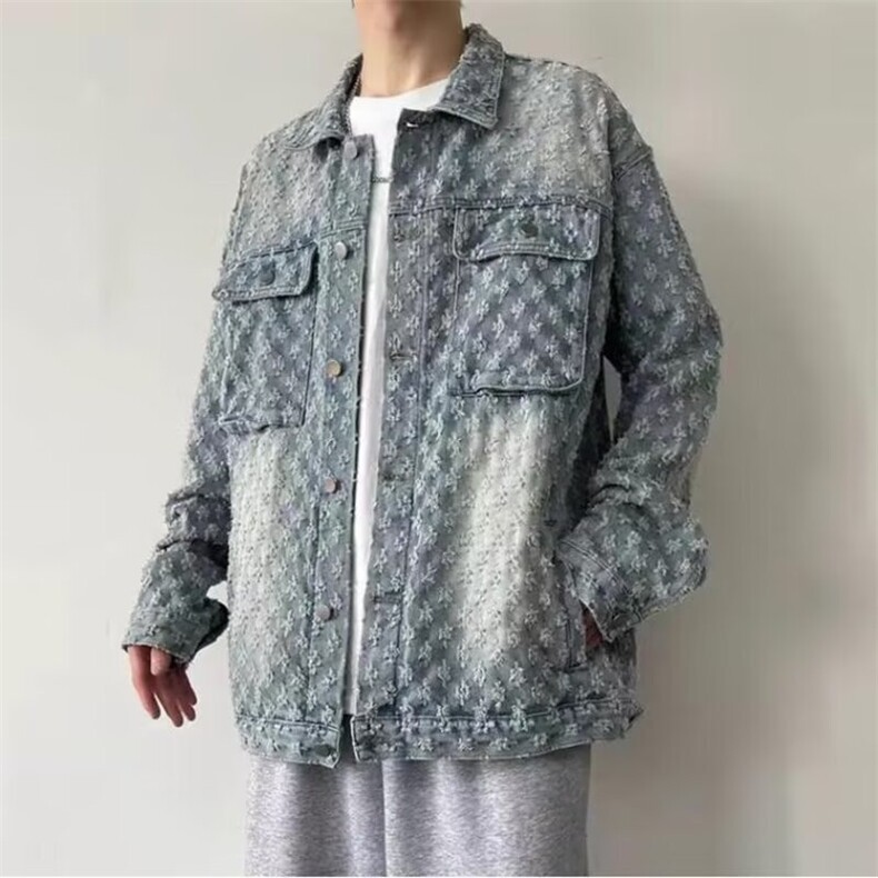 美式复古高街提花破洞水洗做旧扎染炸街牛仔外套男女同款JKB03,男装工装外套,星座516A