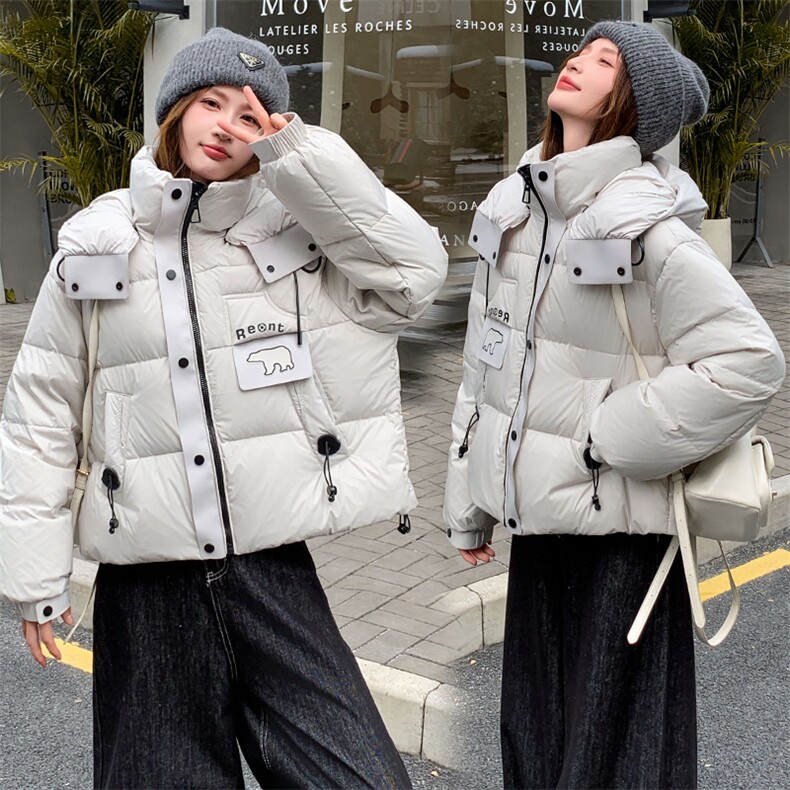 现货可推2025冬装新款气质加厚白鸭绒保暖短款连帽羽绒服女图片
