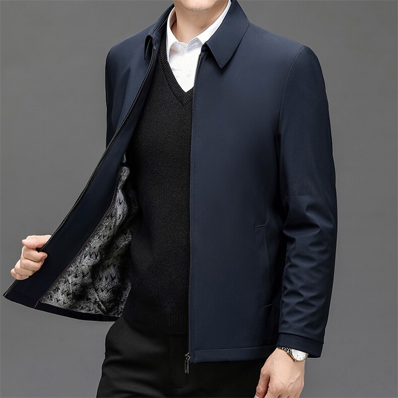 夹克衫加绒翻领夹克男中老年爸爸装简约保暖休闲外套棉服男装图片