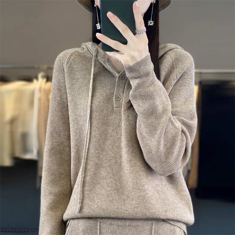 慵懒风安迪绒带帽毛衣女春秋打底衫宽松卫衣连帽针织衫内搭帽衫,针织衫/毛衣,大美人包芯纱店