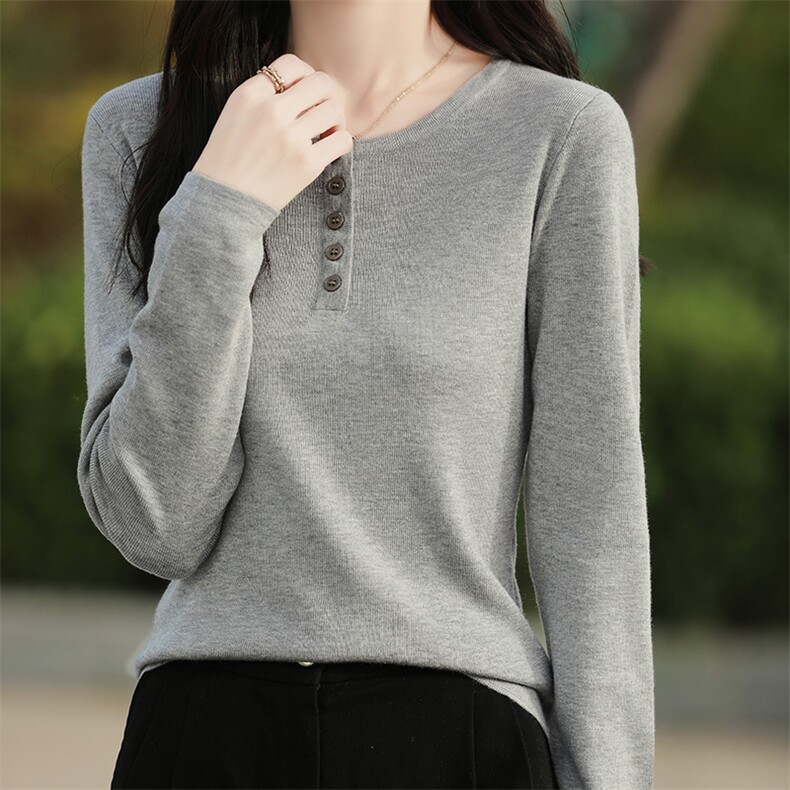 春秋新款精纺羊毛衫女士宽松洋气半开领毛衣短款内搭针织打底上衣，女装羊毛衫，越洋羊