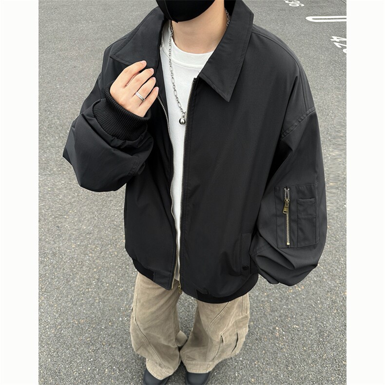 新款春秋美式宽松痞帅翻领飞行夹克复古百搭工装外套男士6185-P50图片