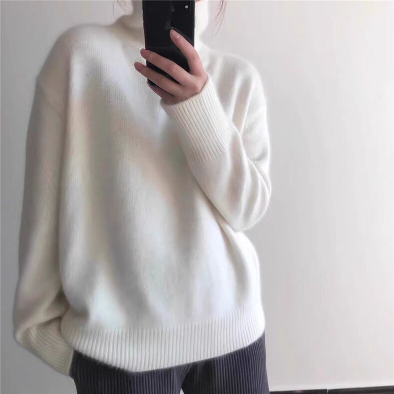 秋季新款舒适显瘦时尚百搭奶奶灰高领毛衣女宽松慵懒风针织衫图片
