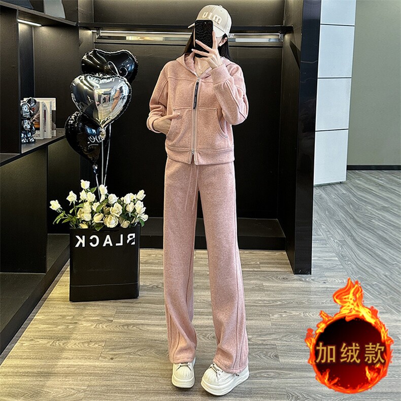 休闲设计感连帽开衫外套修身卫裤套装,女装套装/套裙,江南