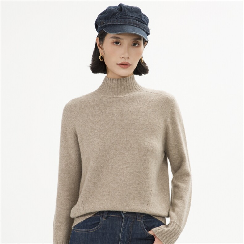 新款马鞍肩挑孔半高圆领纯色针织衫套头上衣，女装针织衫/毛衣，巾兮羊绒