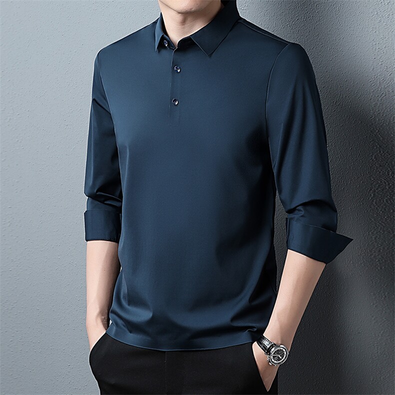 男士长袖衬衫冰丝春夏季薄款打底衫免烫休闲时尚纯色翻领Polo衫图片