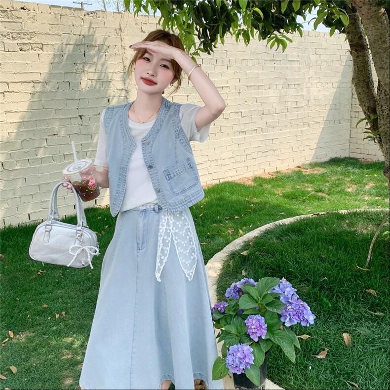 时尚减龄牛仔套装女2025年夏季新款马甲T恤半身裙三件套,女装套装/套裙,吉娜