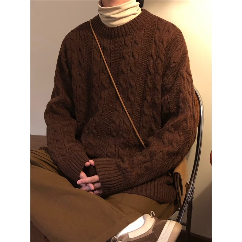 男士咖啡色圆领毛衣男款冬季加厚针织长袖上衣内搭毛线衣2025新款图片