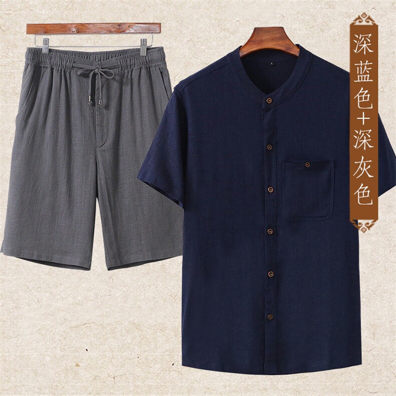主推款夏款男装中老年亚麻短袖T恤短裤套装中年棉麻休闲大码短袖，男装中老年男装，钱塘723