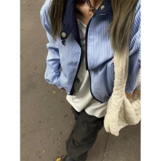 复古条纹双面穿棒球外套女休闲宽松高街机车风夹克JK8730，男装夹克，星座1116A（原606A-3）