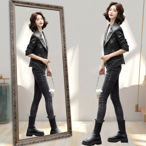 时尚修身显瘦皮衣女短款机车服外套小夹克上衣,女装皮衣,江南女神