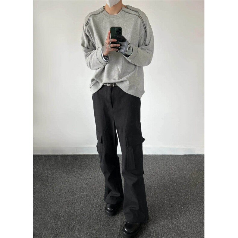 灰色双拉链圆领卫衣男cleanfit美式嘻哈纯色上衣小众高级感打底衫,男装卫衣,星座1007（原301D）