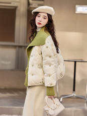现货2025冬季新款小众设计休闲气质拼接短款羽绒服，女装羽绒服，深水步