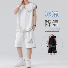 无袖背心男短袖T恤套装大码五分短裤两件套217-2-TZ07-特P50，男装休闲套装，星座217-2