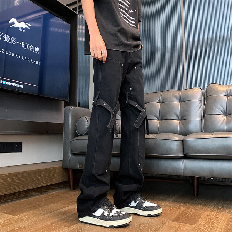XZ-221-1/K1503/P552025春新款美式高街工装绑带微喇叭牛仔裤,男装牛仔裤,星座221-1
