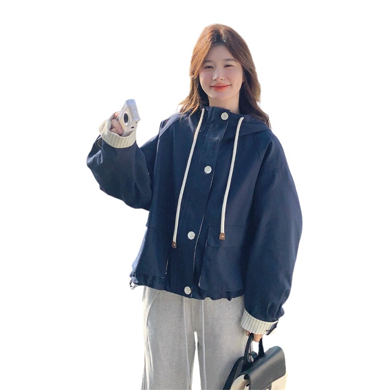 韩版设计感条纹拼接廓形短外套女2025春新款休闲气质减龄连帽上衣,女装风衣,浙宝285（原212）