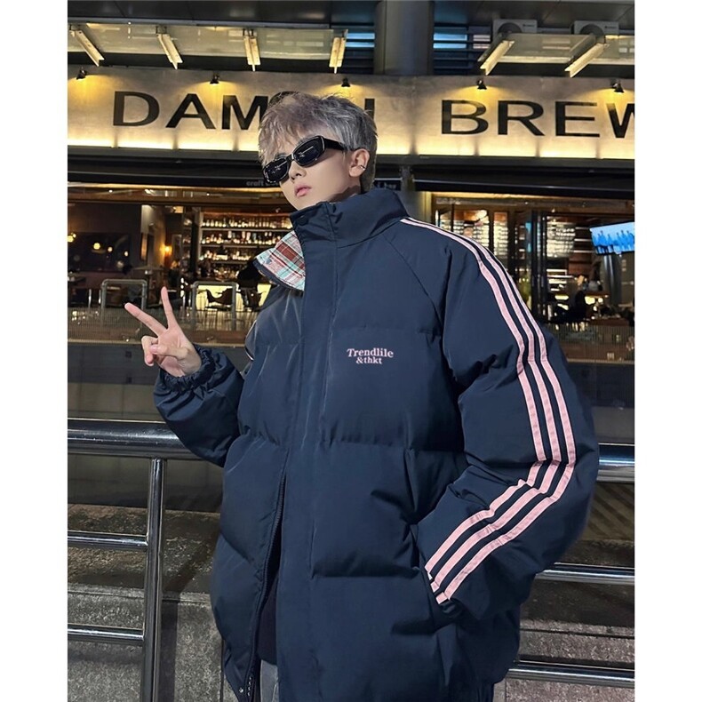 2506美式短款撞色格子棉服男三条杠立领外套加厚棉袄面包服图片